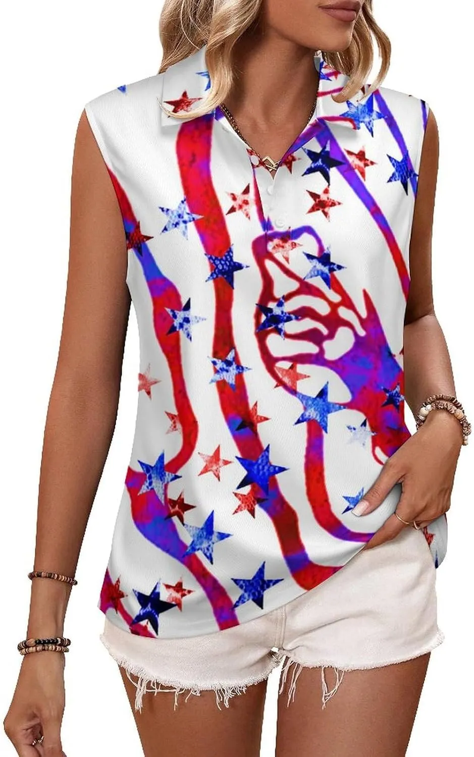 Sleeveless Shirts for Women American Flag V Neck Shirt Casual PO-LO Tank Top Pullover Quick Dry with Designs