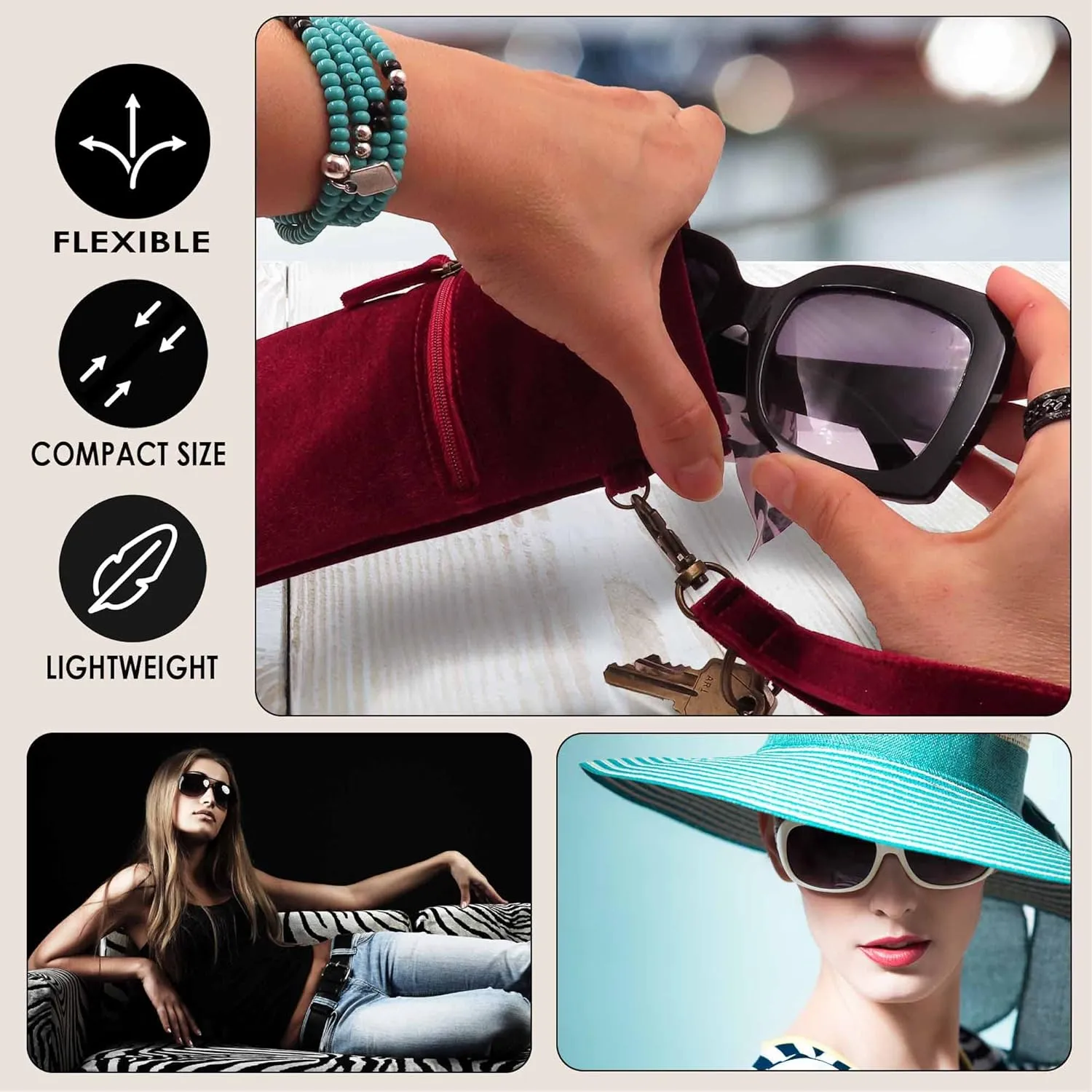 Soft Sunglass Pouch - Extra Large Eyeglasses Holder squeeze top - Glasses Holder Sleeve w/Wristlet lanyard & cleaning cloth