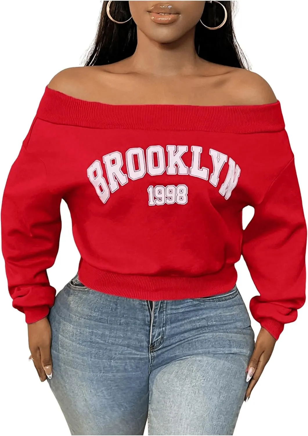 SOLY HUX Women's Letter Graphic Sweatshirt Off Shoulder Long Sleeve Cropped Pullover Top