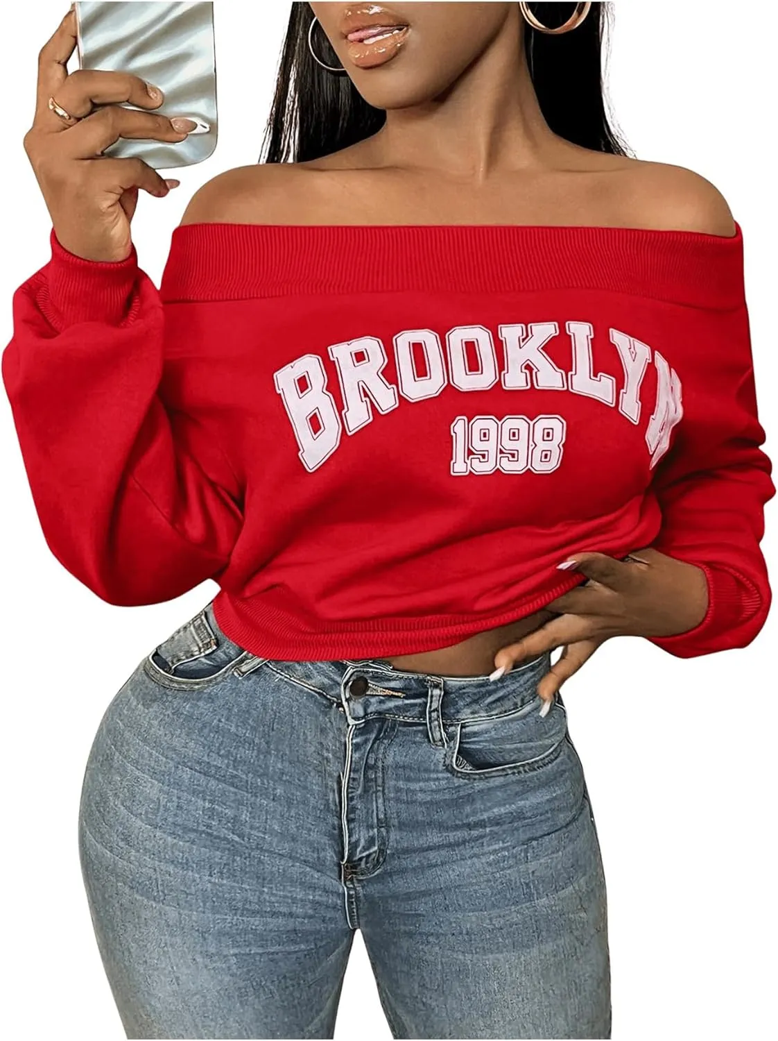 SOLY HUX Women's Letter Graphic Sweatshirt Off Shoulder Long Sleeve Cropped Pullover Top