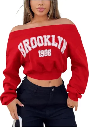 SOLY HUX Women's Letter Graphic Sweatshirt Off Shoulder Long Sleeve Cropped Pullover Top