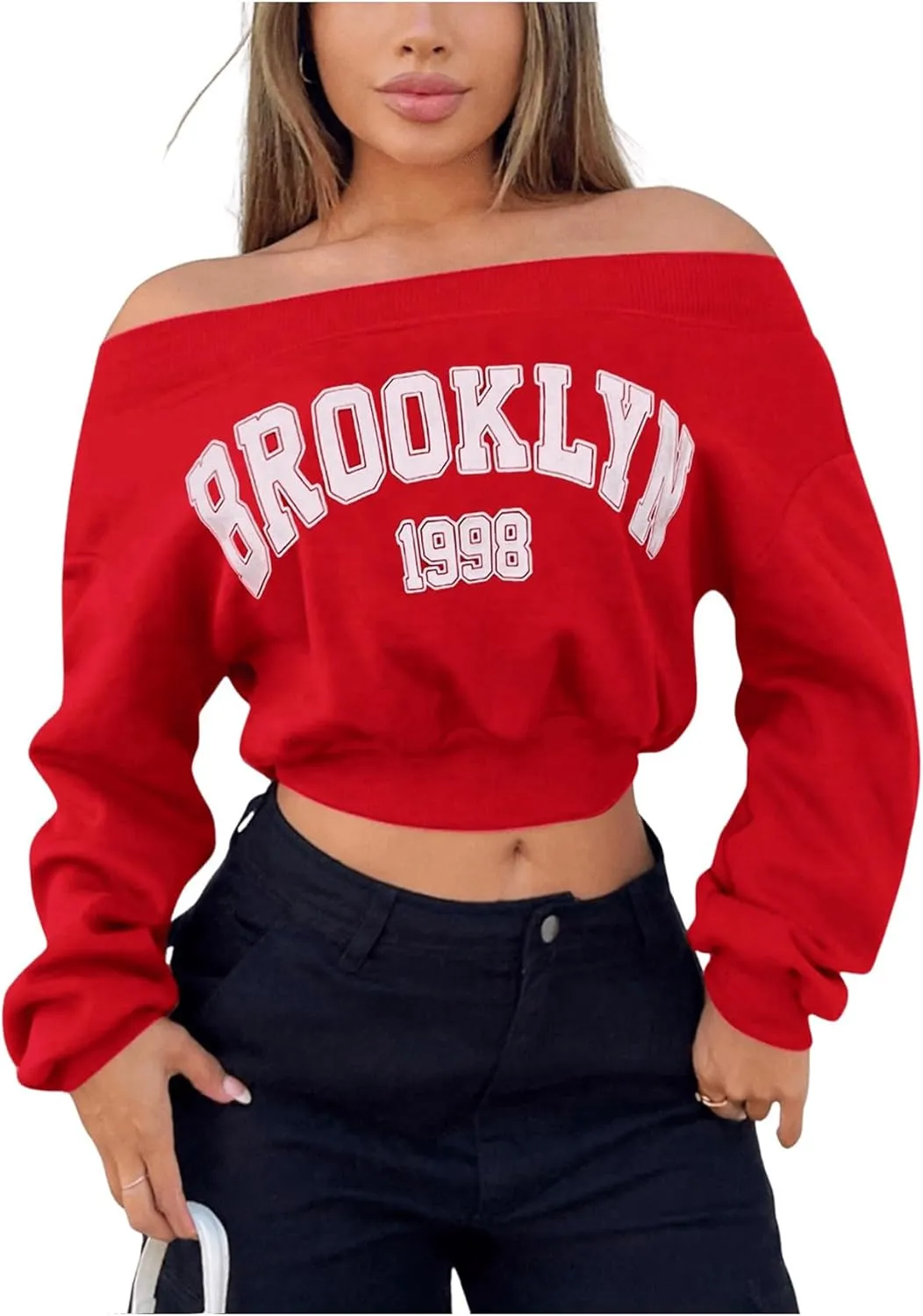 SOLY HUX Women's Letter Graphic Sweatshirt Off Shoulder Long Sleeve Cropped Pullover Top