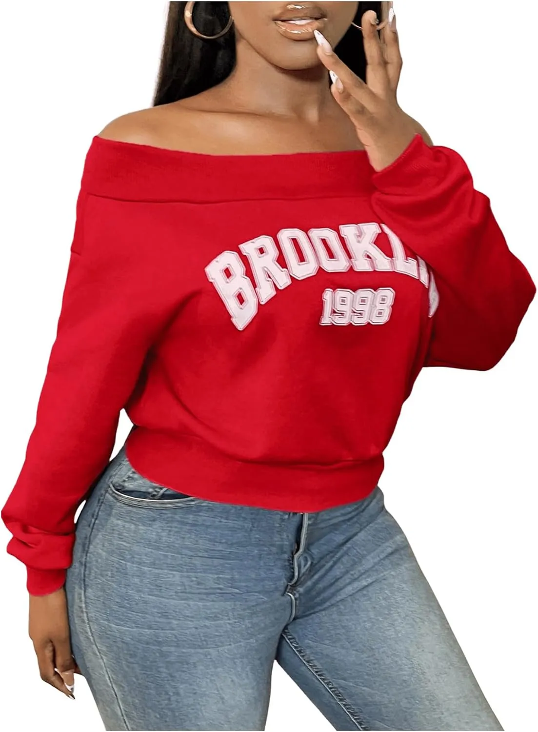 SOLY HUX Women's Letter Graphic Sweatshirt Off Shoulder Long Sleeve Cropped Pullover Top