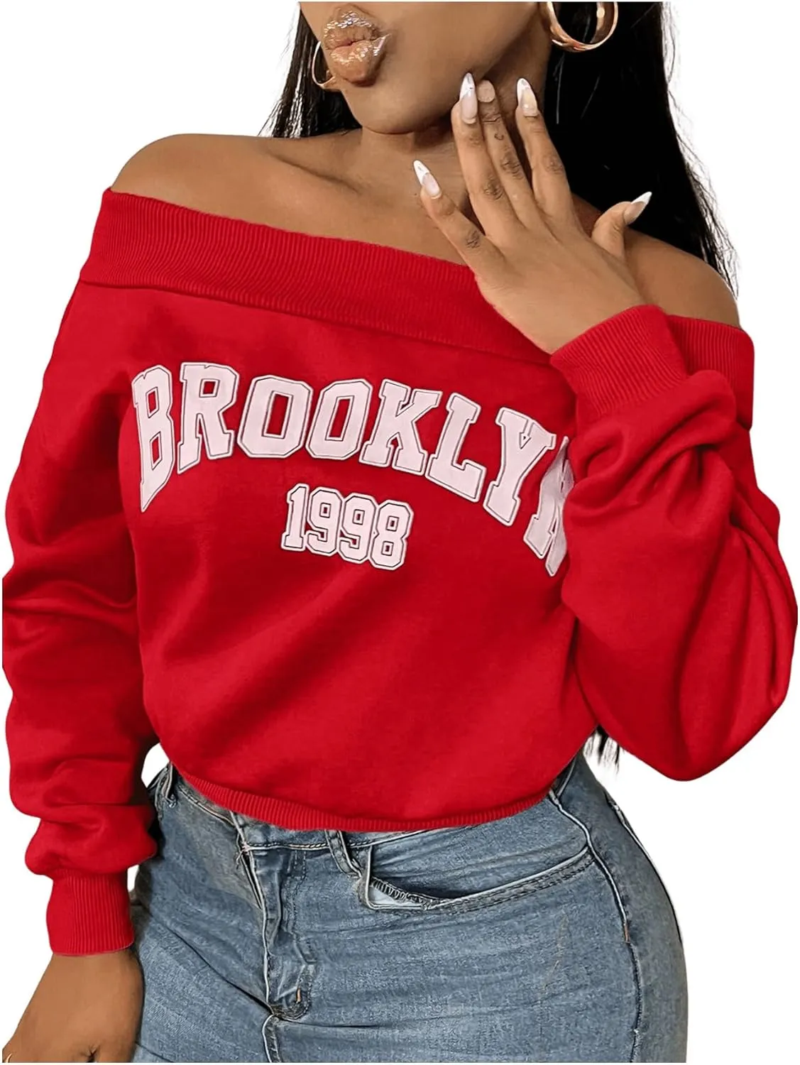 SOLY HUX Women's Letter Graphic Sweatshirt Off Shoulder Long Sleeve Cropped Pullover Top