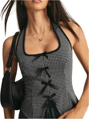 SOLY HUX Women's Y2k Bow Halter Top Plaid Sleeveless Split Hem Backless Tops