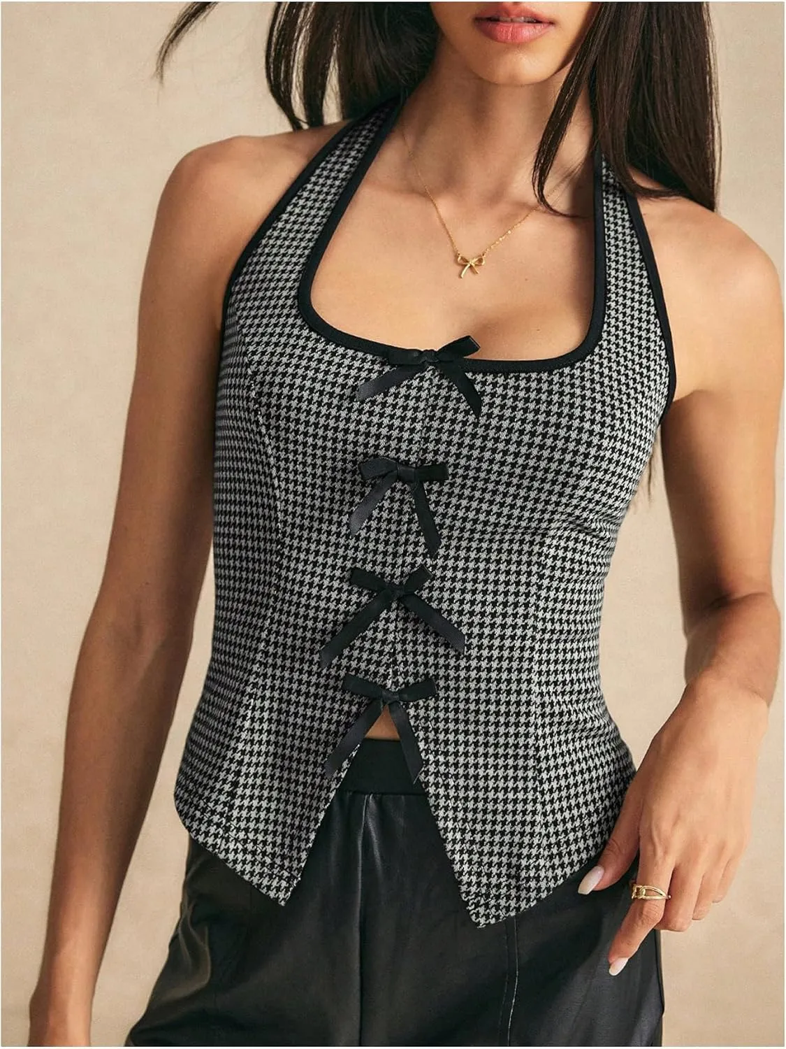 SOLY HUX Women's Y2k Bow Halter Top Plaid Sleeveless Split Hem Backless Tops