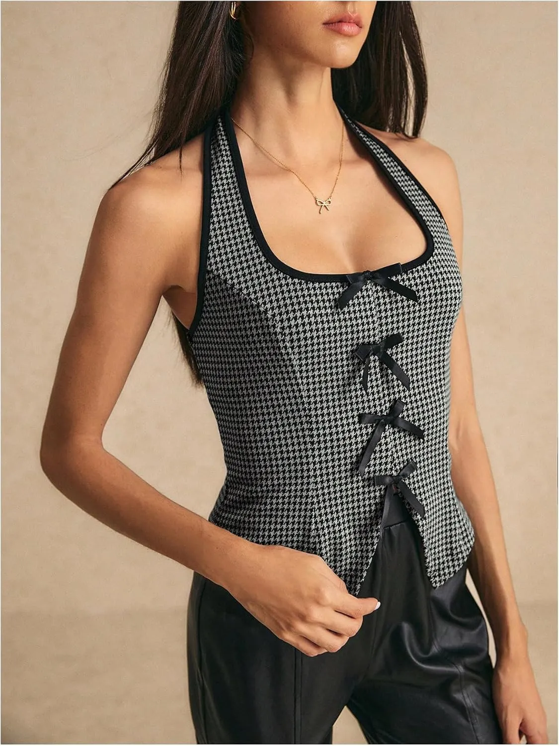 SOLY HUX Women's Y2k Bow Halter Top Plaid Sleeveless Split Hem Backless Tops