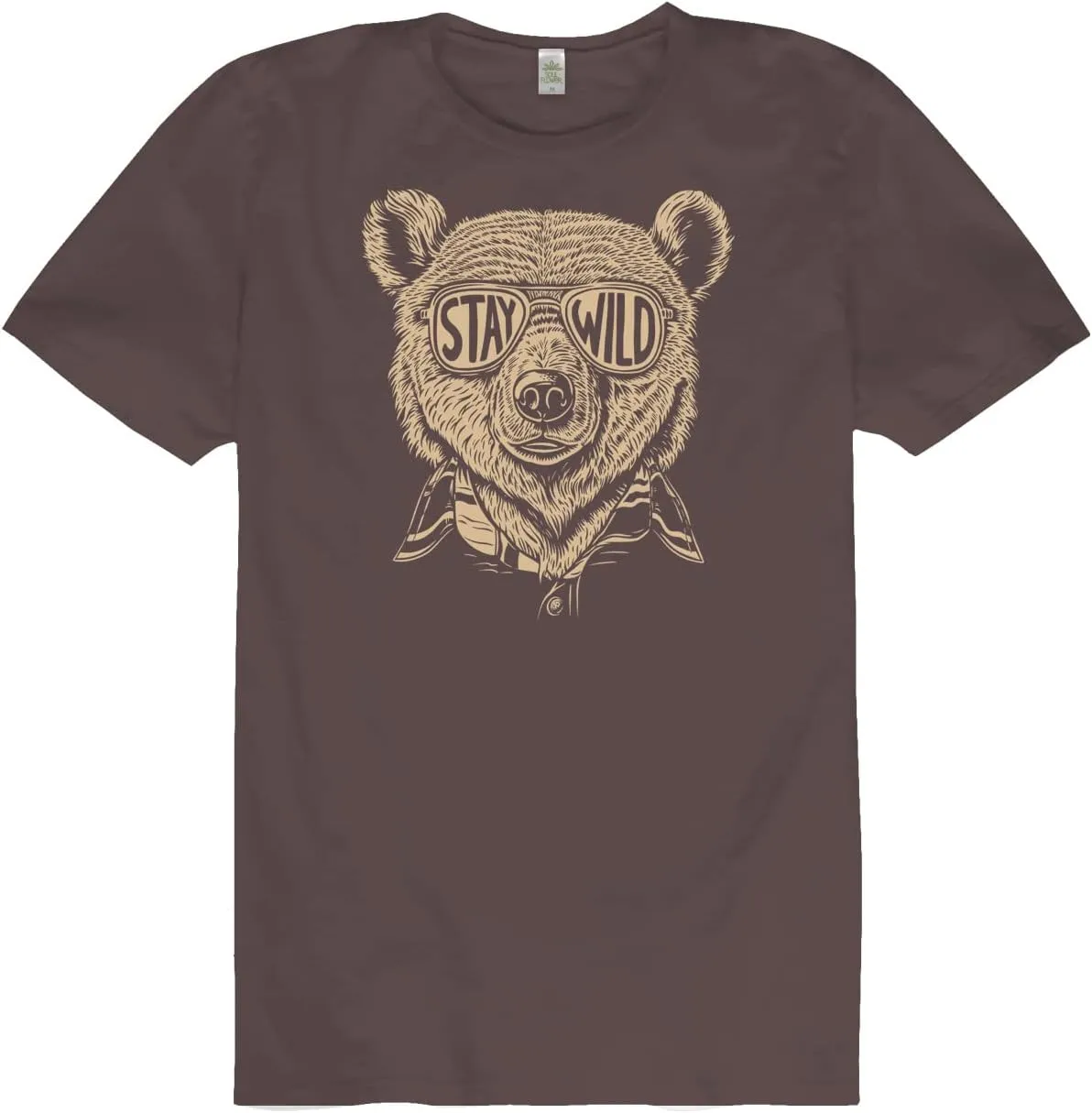 Soul Flower Stay Wild Bear Organic Short Sleeve T-Shirt, Brown Unisex Crew Neck Tee for Men and Women