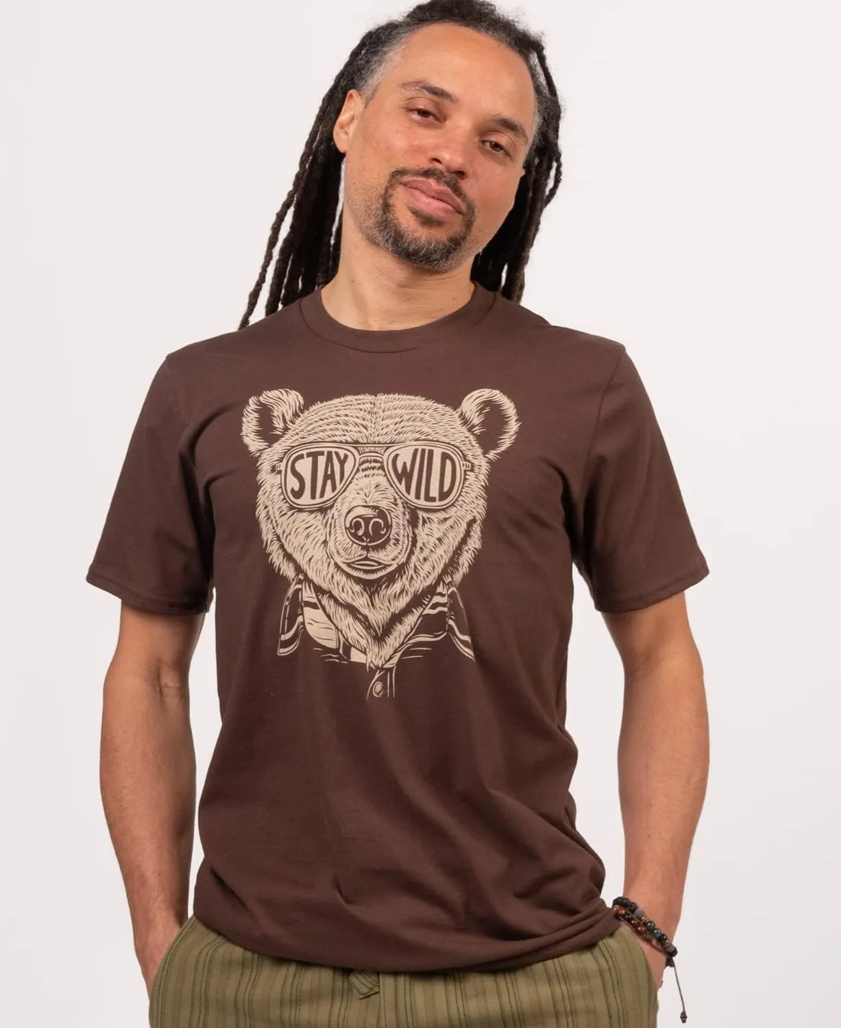 Soul Flower Stay Wild Bear Organic Short Sleeve T-Shirt, Brown Unisex Crew Neck Tee for Men and Women