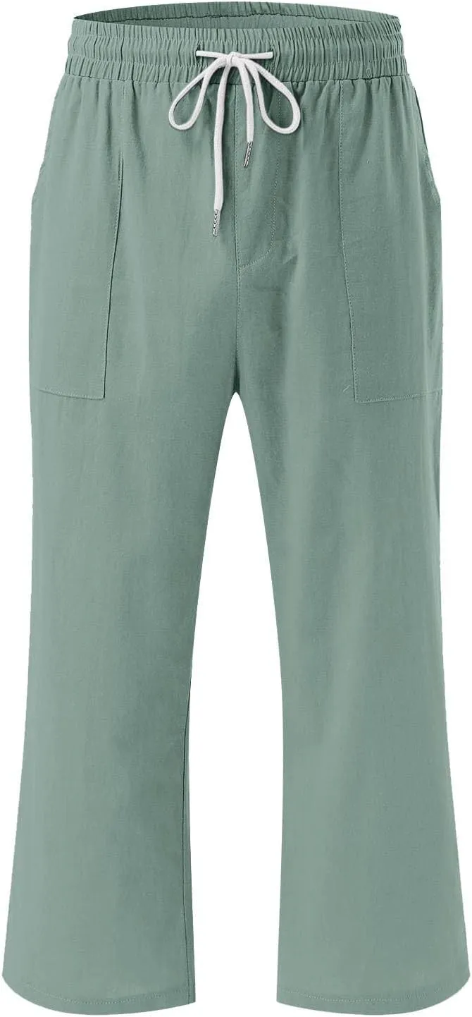 Summer Capri Pants for Women Cotton Linen Straight Leg Cropped Trousers High Waist Shorts Casual Pant with Pockets