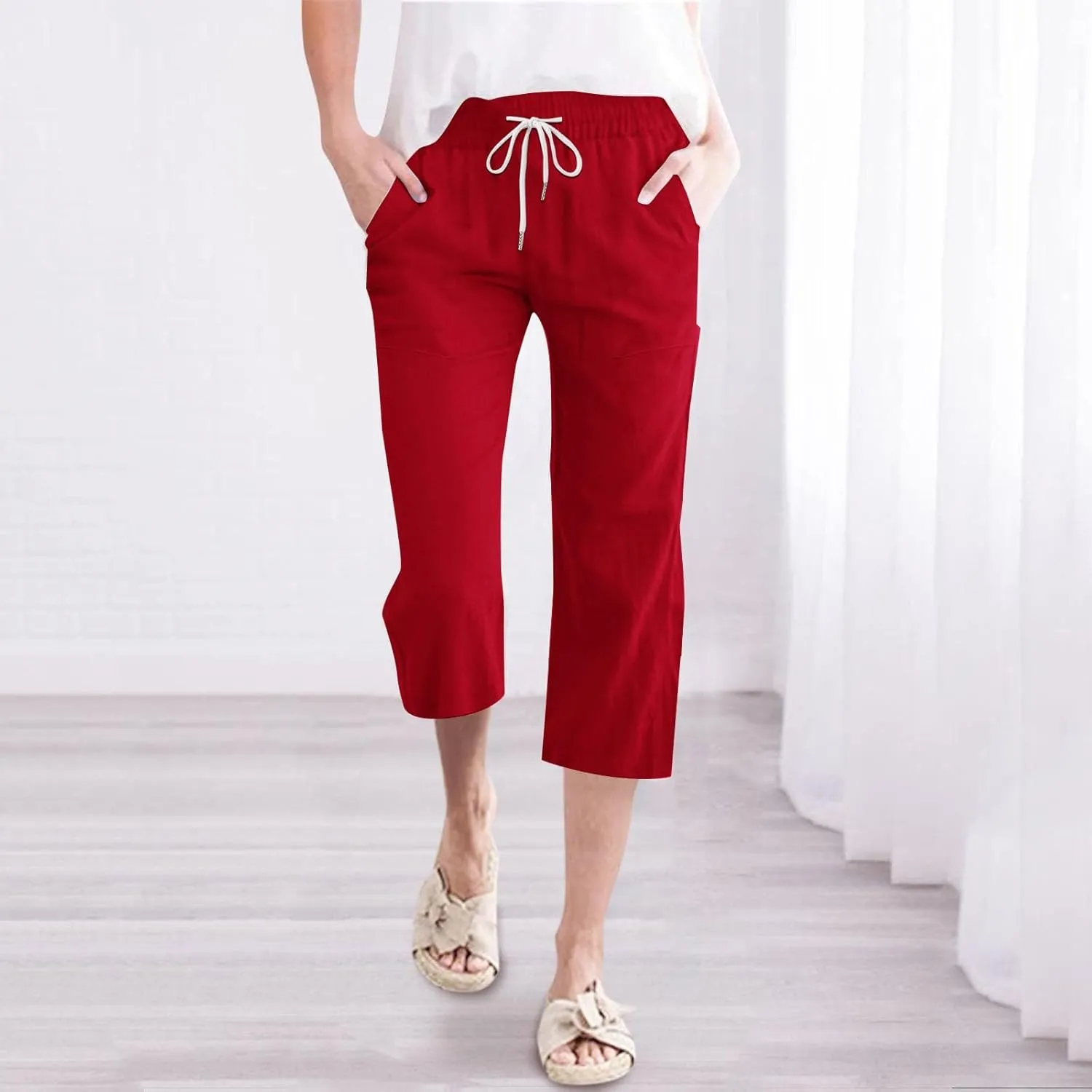 Summer Capri Pants for Women Cotton Linen Straight Leg Cropped Trousers High Waist Shorts Casual Pant with Pockets