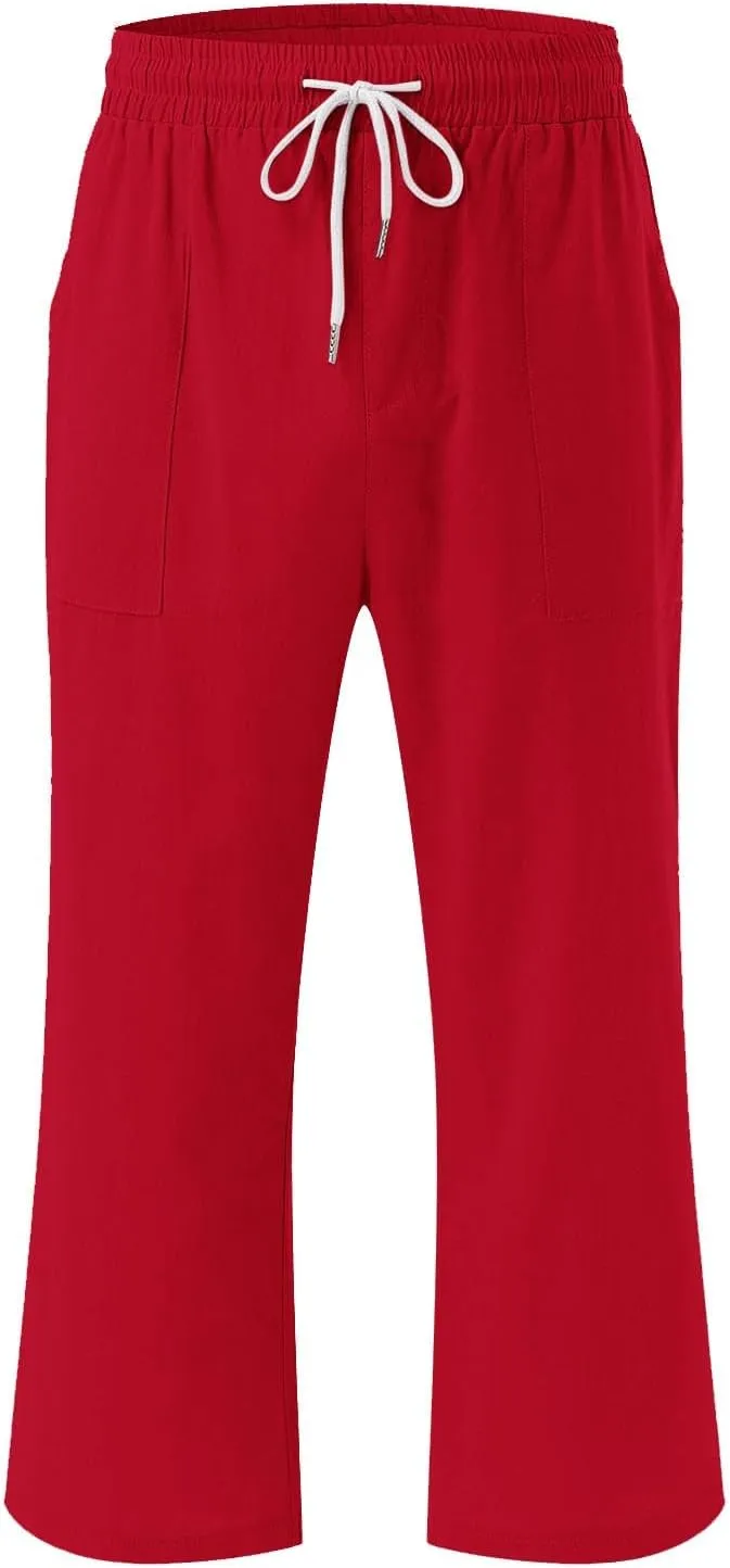 Summer Capri Pants for Women Cotton Linen Straight Leg Cropped Trousers High Waist Shorts Casual Pant with Pockets