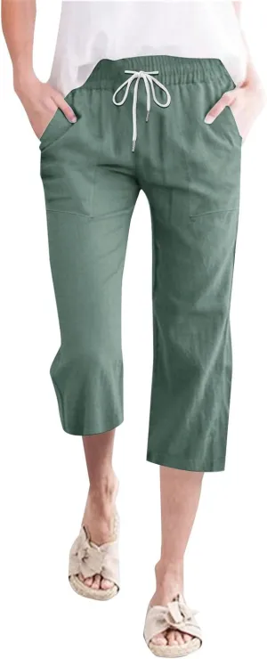Summer Capri Pants for Women Cotton Linen Straight Leg Cropped Trousers High Waist Shorts Casual Pant with Pockets