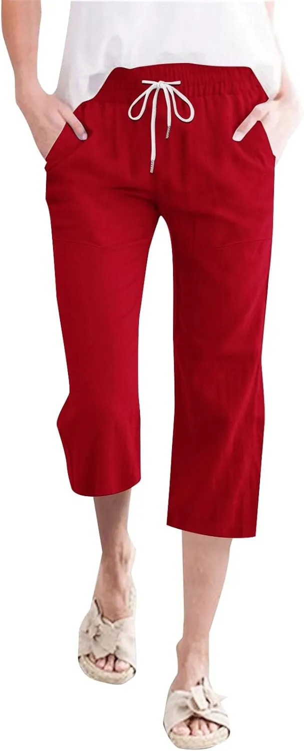 Summer Capri Pants for Women Cotton Linen Straight Leg Cropped Trousers High Waist Shorts Casual Pant with Pockets