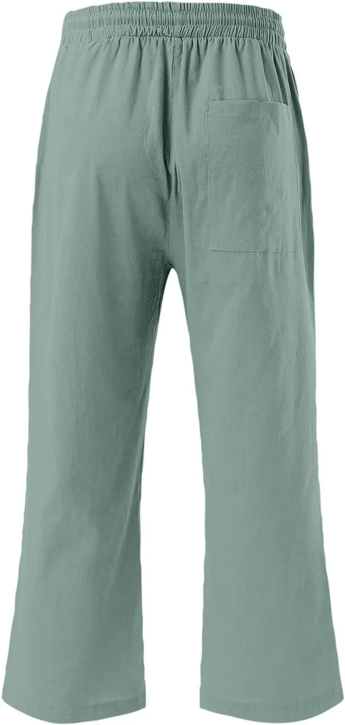 Summer Capri Pants for Women Cotton Linen Straight Leg Cropped Trousers High Waist Shorts Casual Pant with Pockets