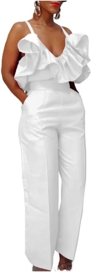 Summer V-Neck Ruffled Camisole Top, High Waisted Pants Set(White,X-Large)