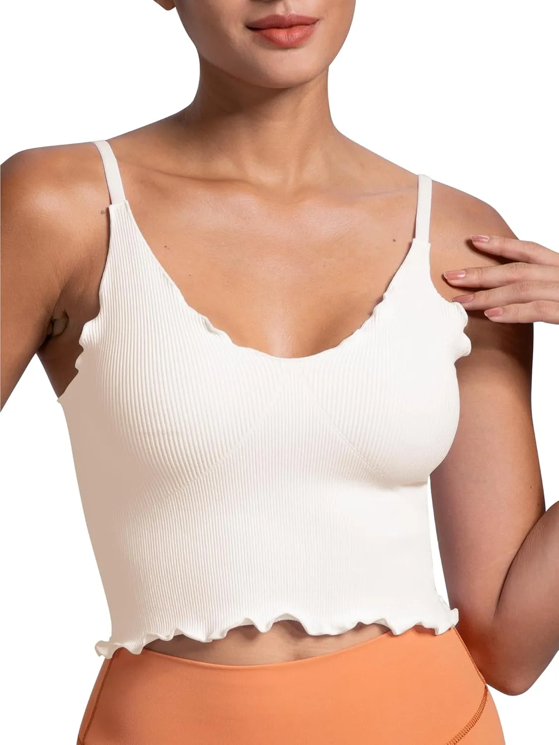 Sunzel Tank Top for Women, V Neck Seamless Ribbed Crop Camisole with Ruffles