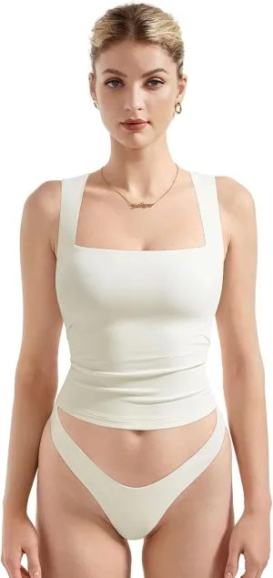 SUUKSESS Women Double Lined Square Neck Crop Tank Top Sleeveless Basic Y2k Tops