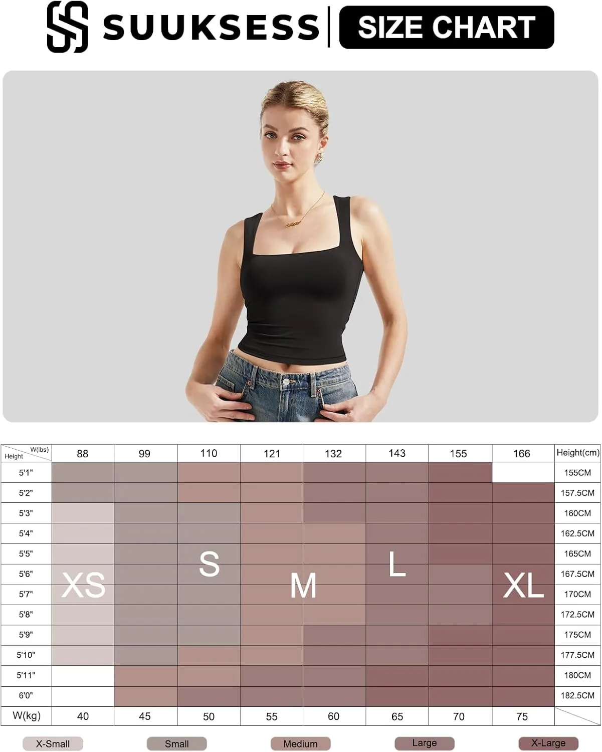 SUUKSESS Women Double Lined Square Neck Crop Tank Top Sleeveless Basic Y2k Tops
