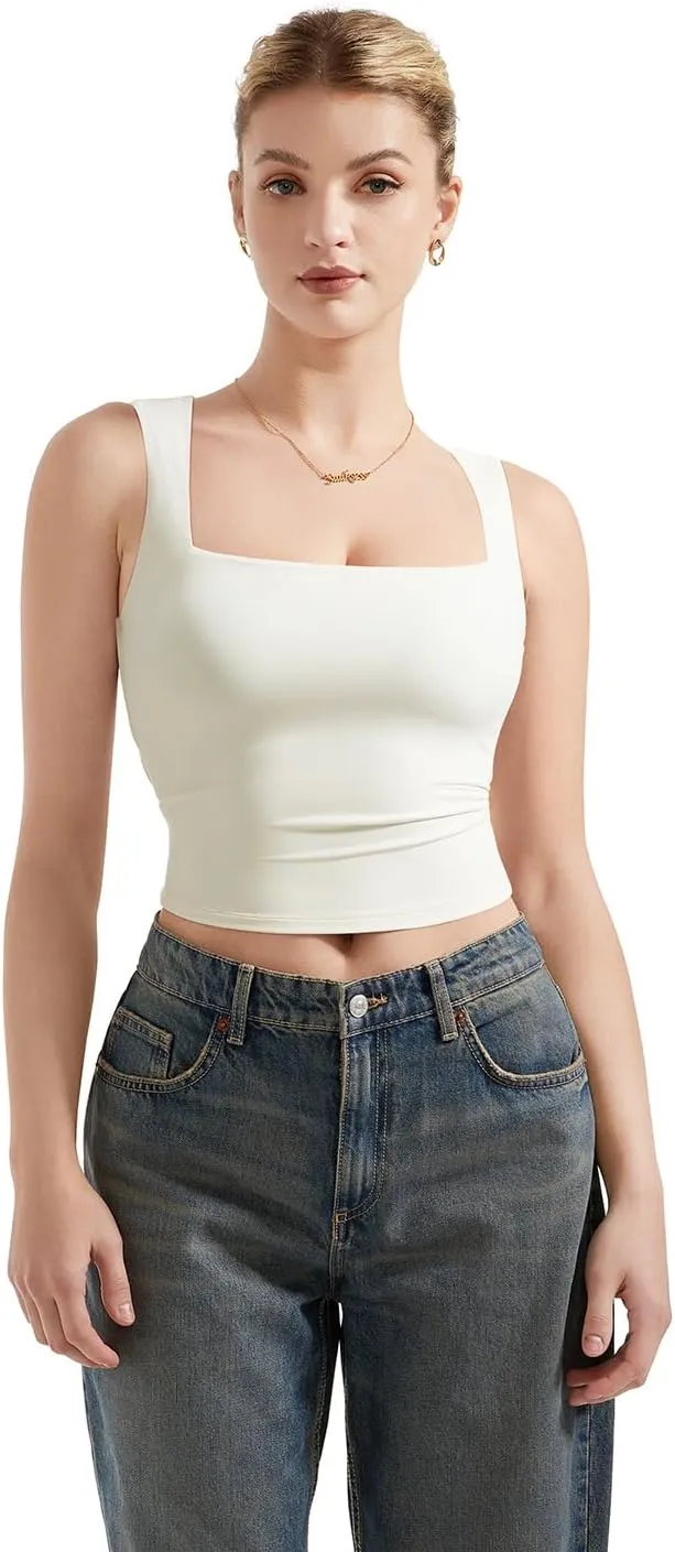 SUUKSESS Women Double Lined Square Neck Crop Tank Top Sleeveless Basic Y2k Tops