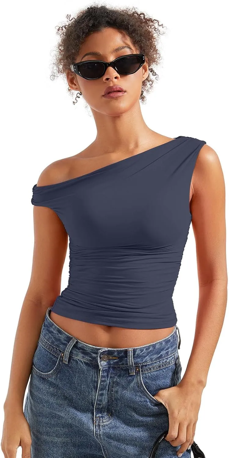 SUUKSESS Women Off Shoulder Tops Sleeveless Shirts Y2K Going Out Crop Tank Top