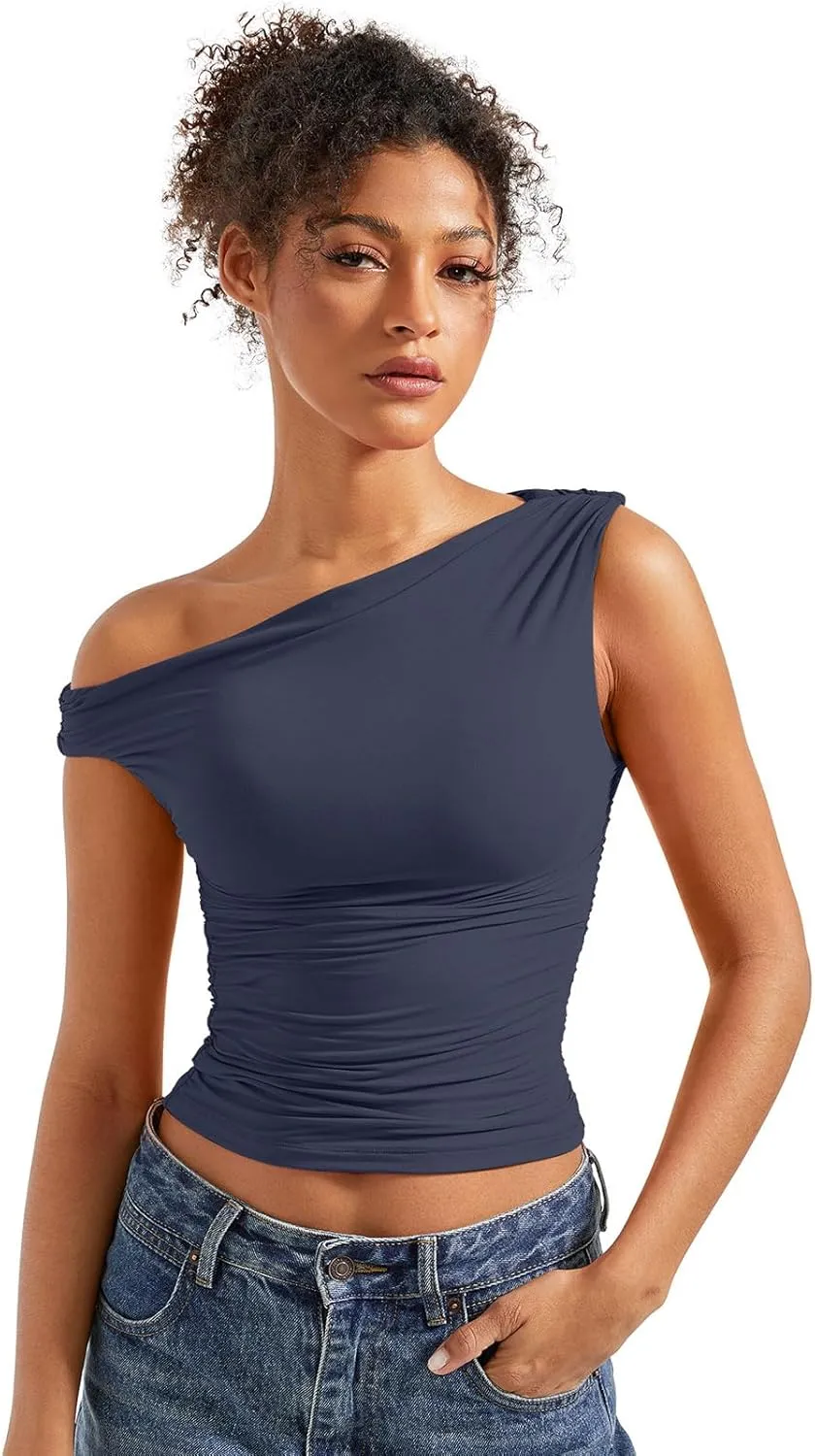 SUUKSESS Women Off Shoulder Tops Sleeveless Shirts Y2K Going Out Crop Tank Top