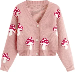 SweatyRocks Girl's Cute Graphic Print V Neck Sweater Button Down Knitted Cardigan Top