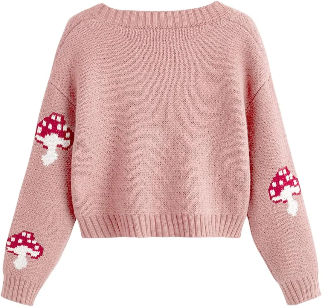 SweatyRocks Girl's Cute Graphic Print V Neck Sweater Button Down Knitted Cardigan Top