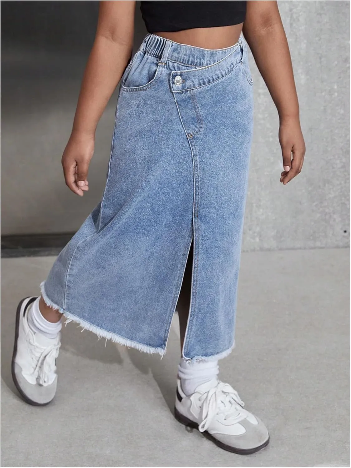SweatyRocks Girl's Raw Split Maxi Denim Skirt Asymmetrical Elastic High Waisted Jean Skirts