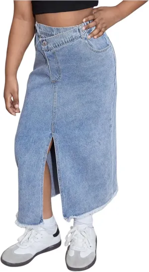 SweatyRocks Girl's Raw Split Maxi Denim Skirt Asymmetrical Elastic High Waisted Jean Skirts