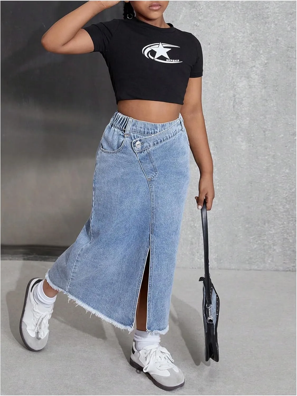 SweatyRocks Girl's Raw Split Maxi Denim Skirt Asymmetrical Elastic High Waisted Jean Skirts