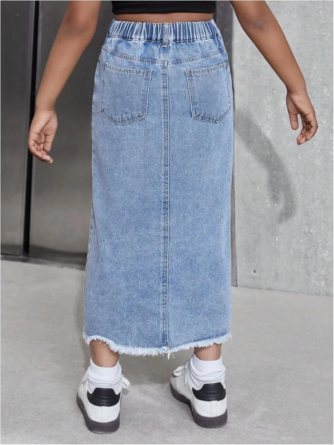 SweatyRocks Girl's Raw Split Maxi Denim Skirt Asymmetrical Elastic High Waisted Jean Skirts