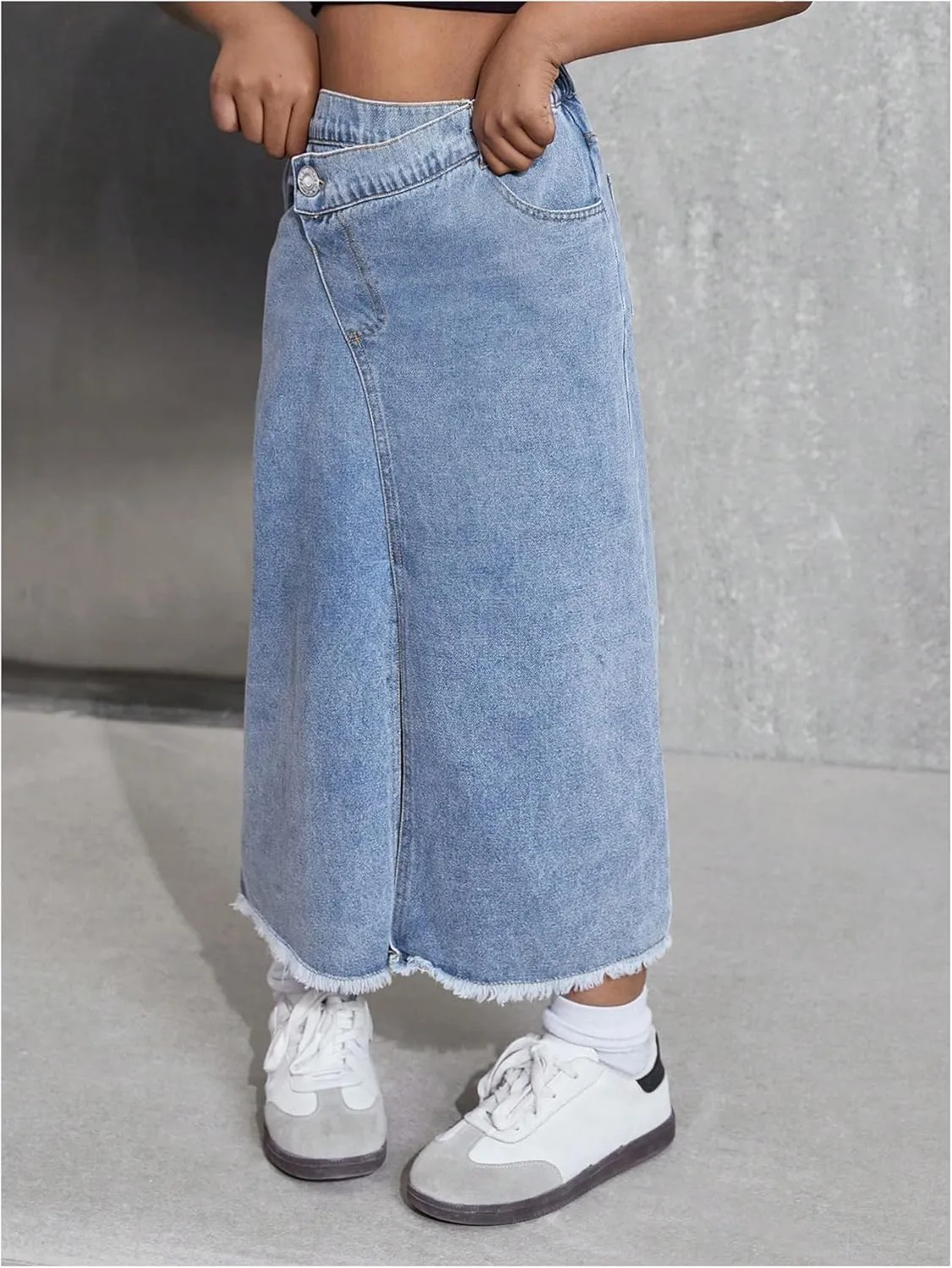SweatyRocks Girl's Raw Split Maxi Denim Skirt Asymmetrical Elastic High Waisted Jean Skirts