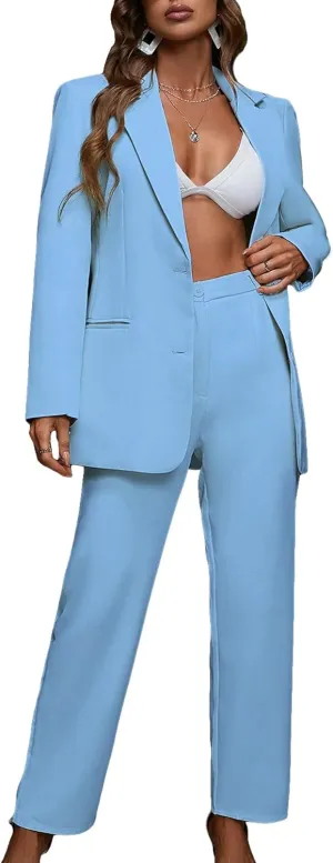 SweatyRocks Women's 2 Piece Outfits Solid Button Down Lapel Blazer Jacket with Pants Office Suit Set