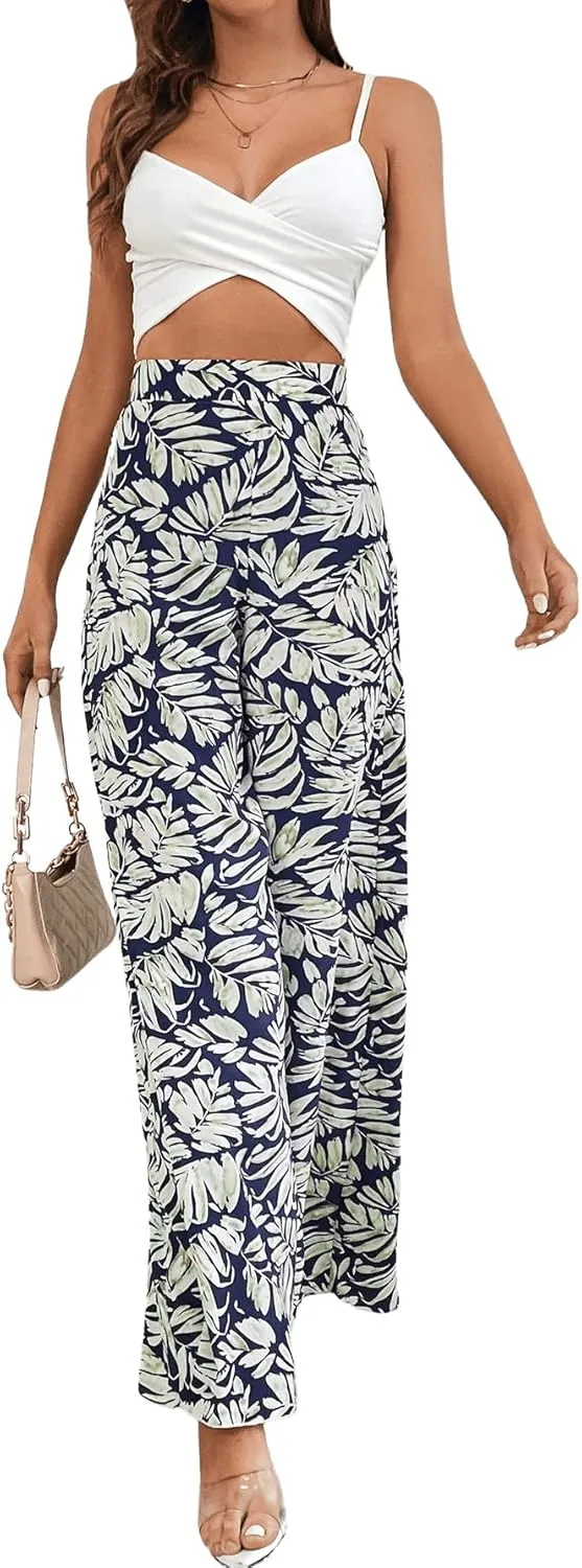 SweatyRocks Women's Boho Floral Print High Waist Wide Leg Pants Loose Fit Trousers