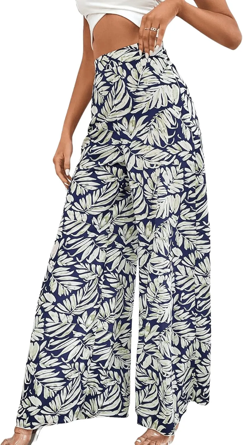 SweatyRocks Women's Boho Floral Print High Waist Wide Leg Pants Loose Fit Trousers