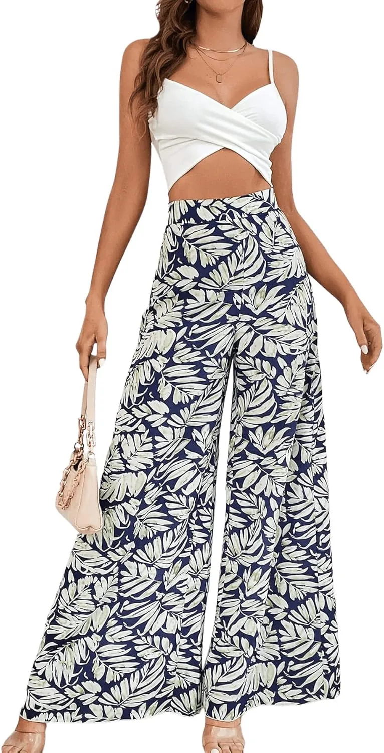 SweatyRocks Women's Boho Floral Print High Waist Wide Leg Pants Loose Fit Trousers