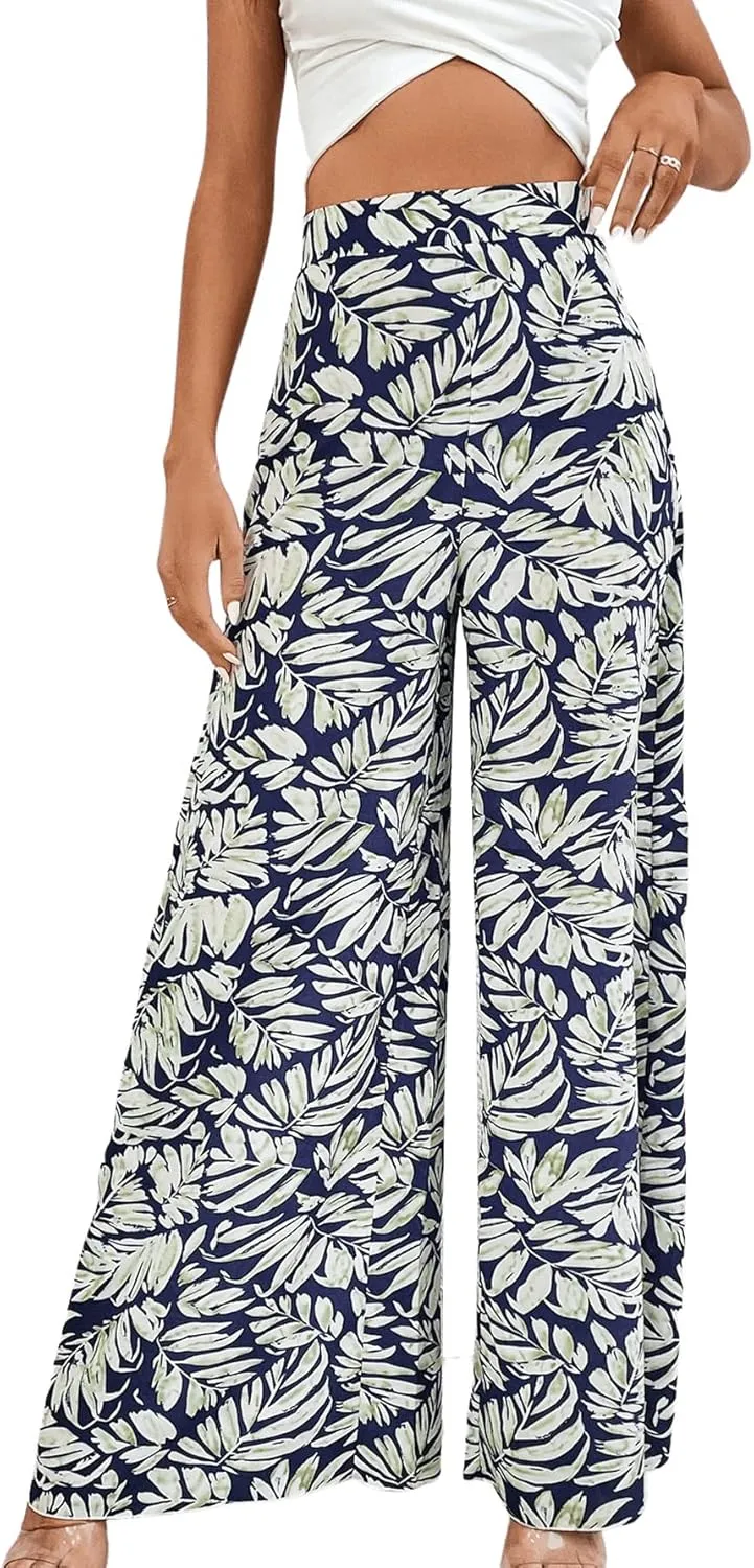 SweatyRocks Women's Boho Floral Print High Waist Wide Leg Pants Loose Fit Trousers