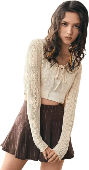 SweatyRocks Women's Casual Long Sleeve Scoop Neck Cardigan Tie Front Lace Mesh Cardigan Crop Top