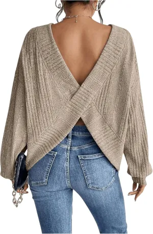 SweatyRocks Women's Criss Cross Round Neck Pullover Sweaters Long Sleeve Loose Cut Out Back Knit Tee Tops Backless Shirts