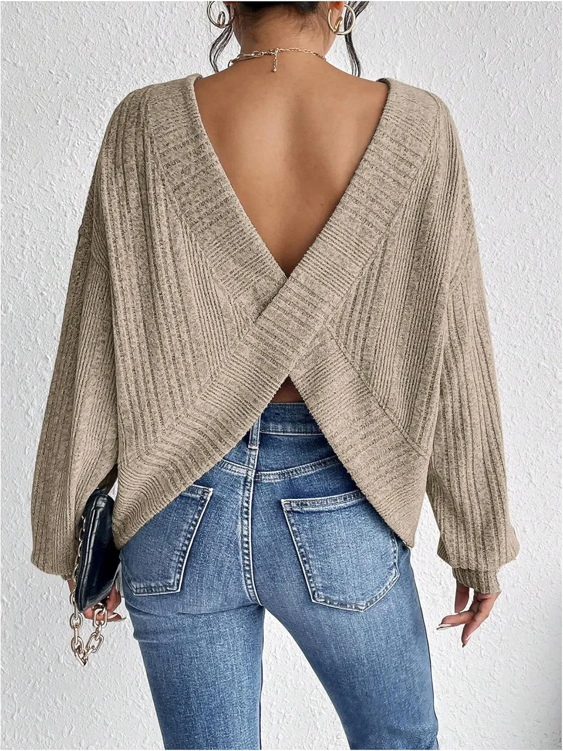 SweatyRocks Women's Criss Cross Round Neck Pullover Sweaters Long Sleeve Loose Cut Out Back Knit Tee Tops Backless Shirts