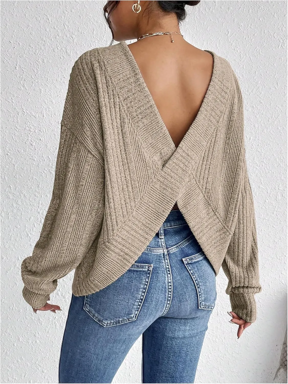 SweatyRocks Women's Criss Cross Round Neck Pullover Sweaters Long Sleeve Loose Cut Out Back Knit Tee Tops Backless Shirts