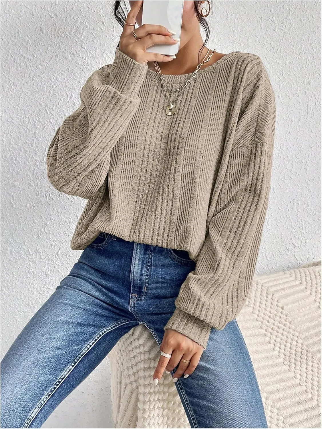 SweatyRocks Women's Criss Cross Round Neck Pullover Sweaters Long Sleeve Loose Cut Out Back Knit Tee Tops Backless Shirts