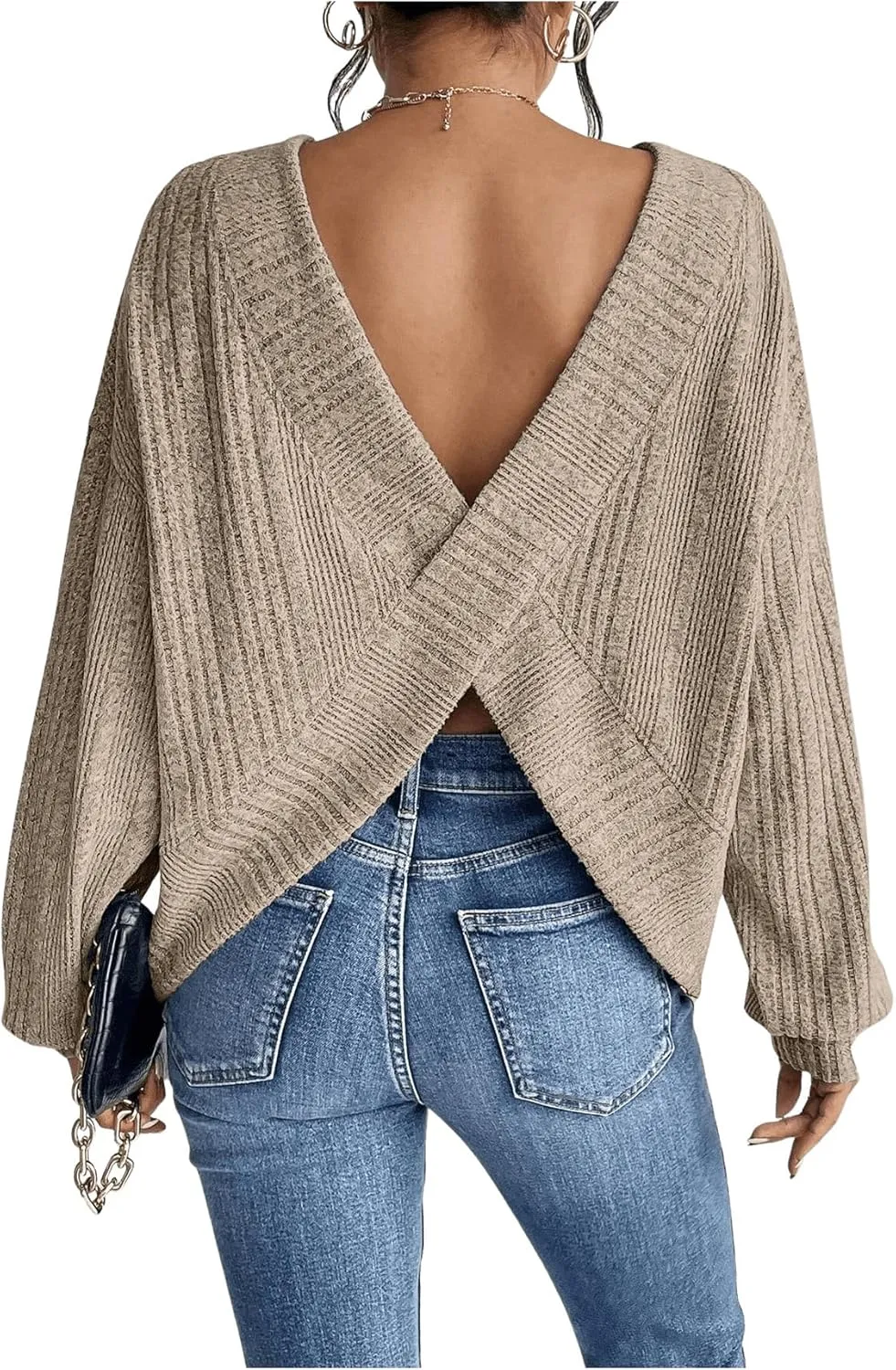SweatyRocks Women's Criss Cross Round Neck Pullover Sweaters Long Sleeve Loose Cut Out Back Knit Tee Tops Backless Shirts