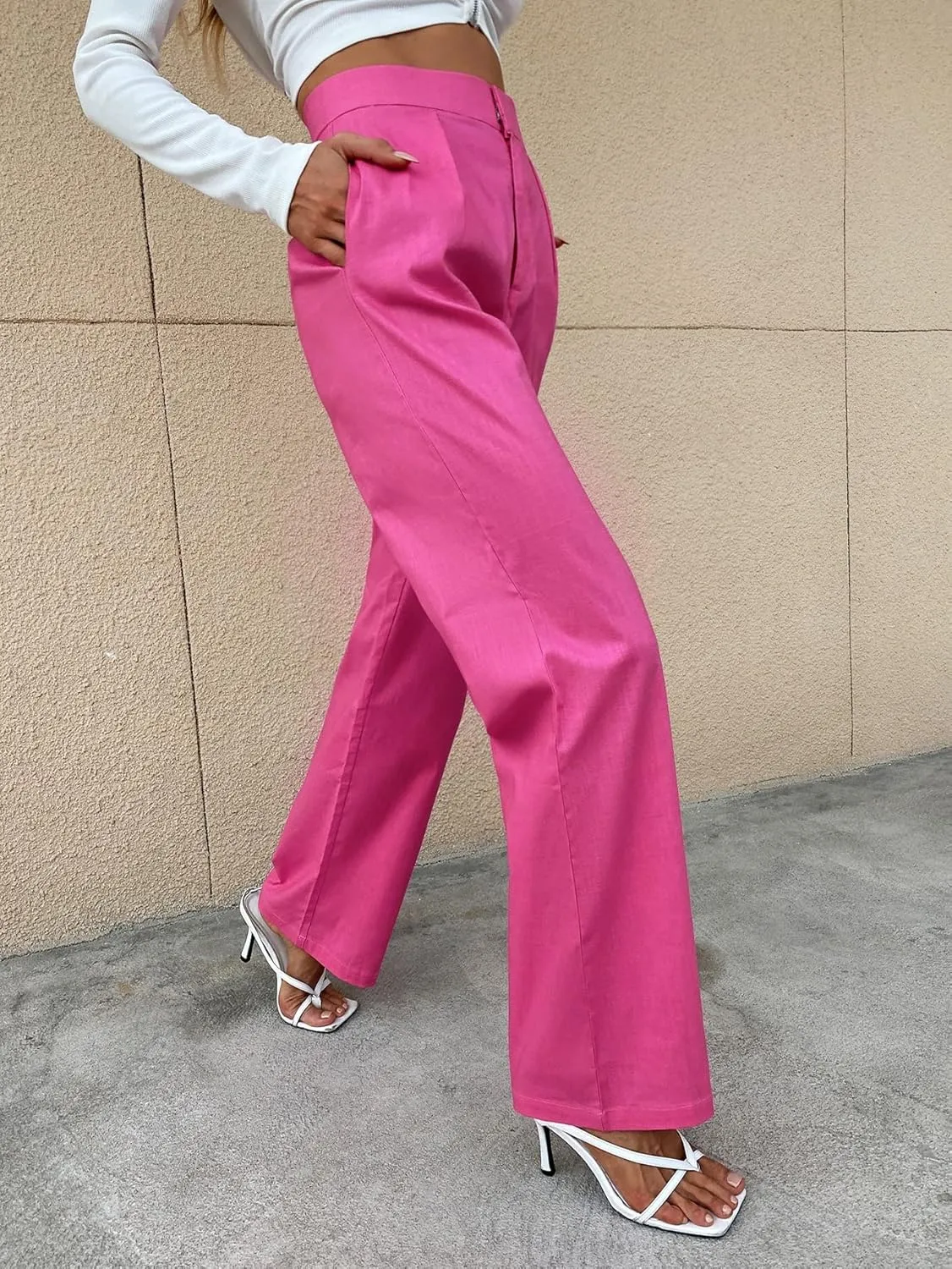 SweatyRocks Women's High Waist Zip Up Pleated Pants Straight Leg Long Trousers Pants with Pocket