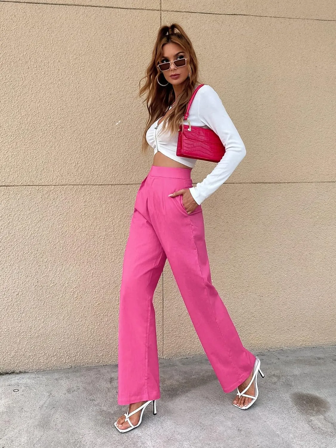 SweatyRocks Women's High Waist Zip Up Pleated Pants Straight Leg Long Trousers Pants with Pocket