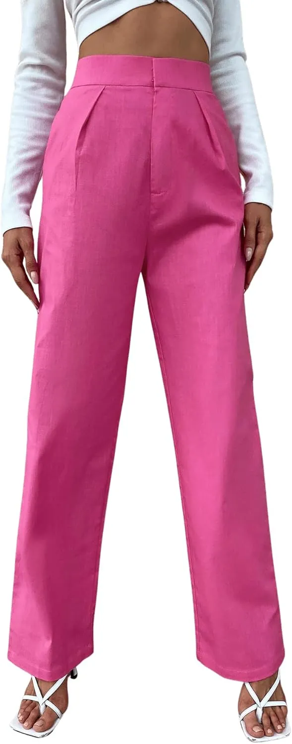 SweatyRocks Women's High Waist Zip Up Pleated Pants Straight Leg Long Trousers Pants with Pocket