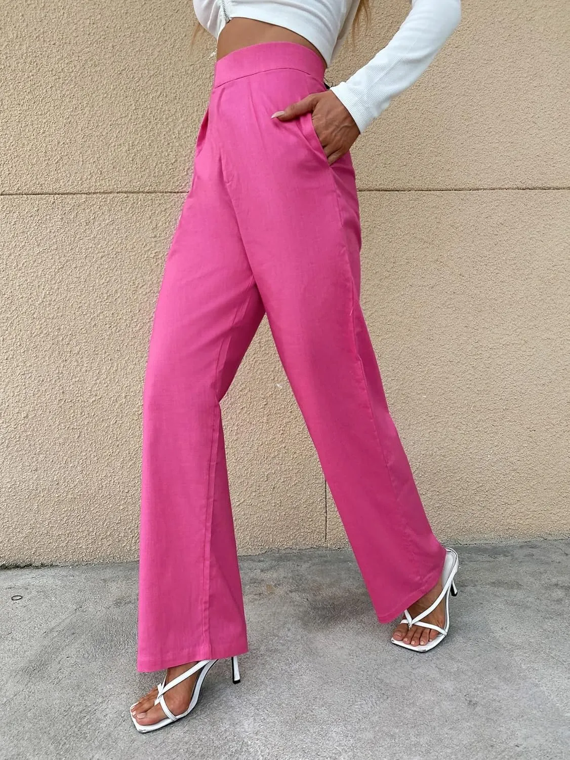 SweatyRocks Women's High Waist Zip Up Pleated Pants Straight Leg Long Trousers Pants with Pocket