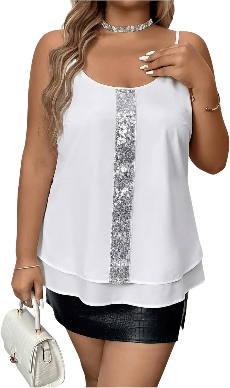 SweatyRocks Women's Plus Size Sequin Camisole Top Layered Scoop Neck Sleeveless Summer Tops