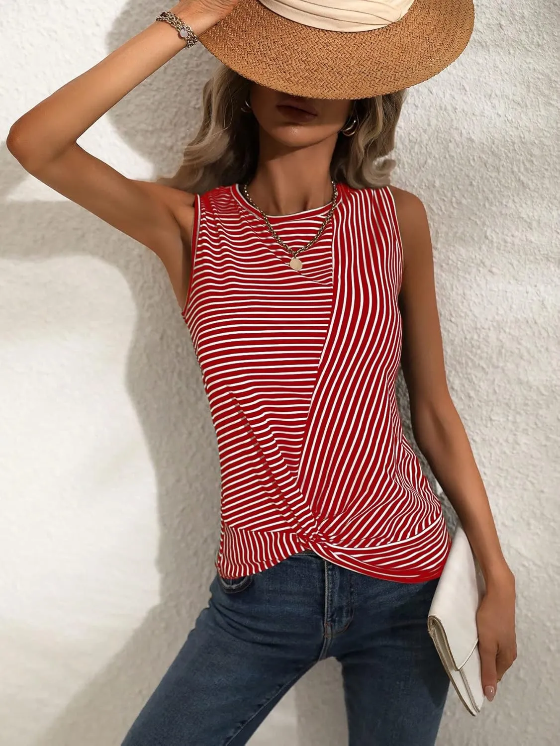 SweatyRocks Women's Sleeveless Stripe Print Shirt Casual Round Neck Twist Hem Tank Top
